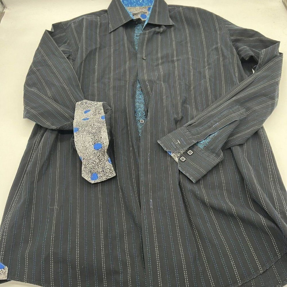Luchiano Visconti Long Sleeve Shirt Flip Cuff Stitched Stripe Black Size XLT